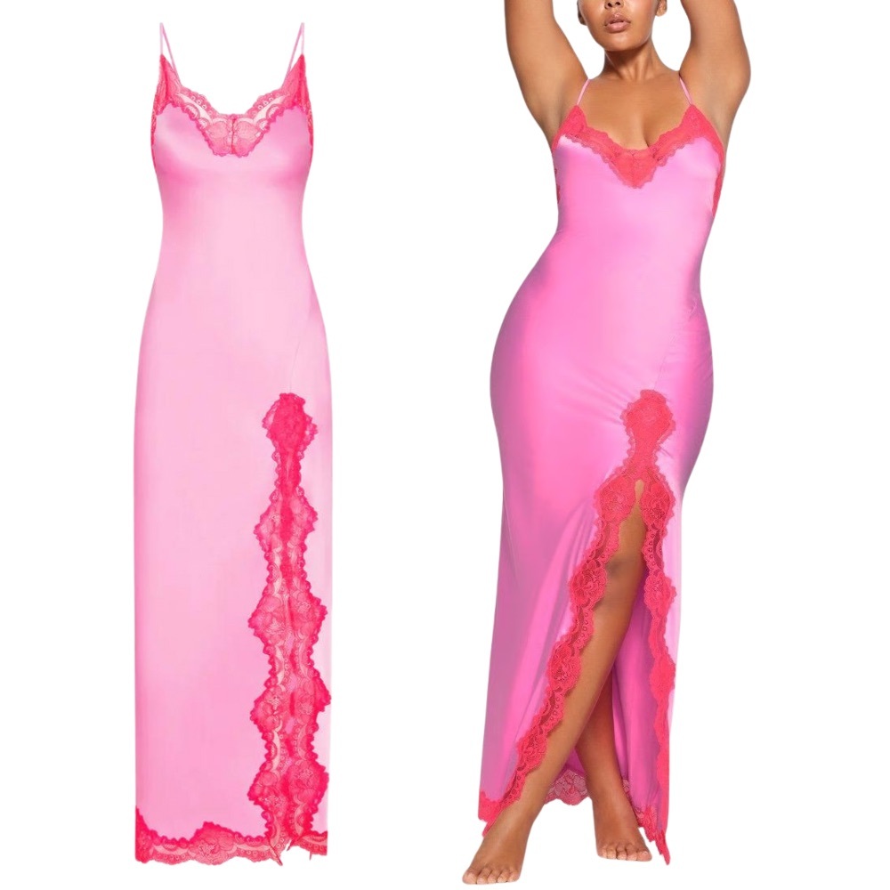 SKIMS Lace Shine Long Lace Dress Neon Orchid NWT Size Small Limited Edition